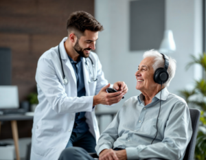 audiologist placing headphones on a patient